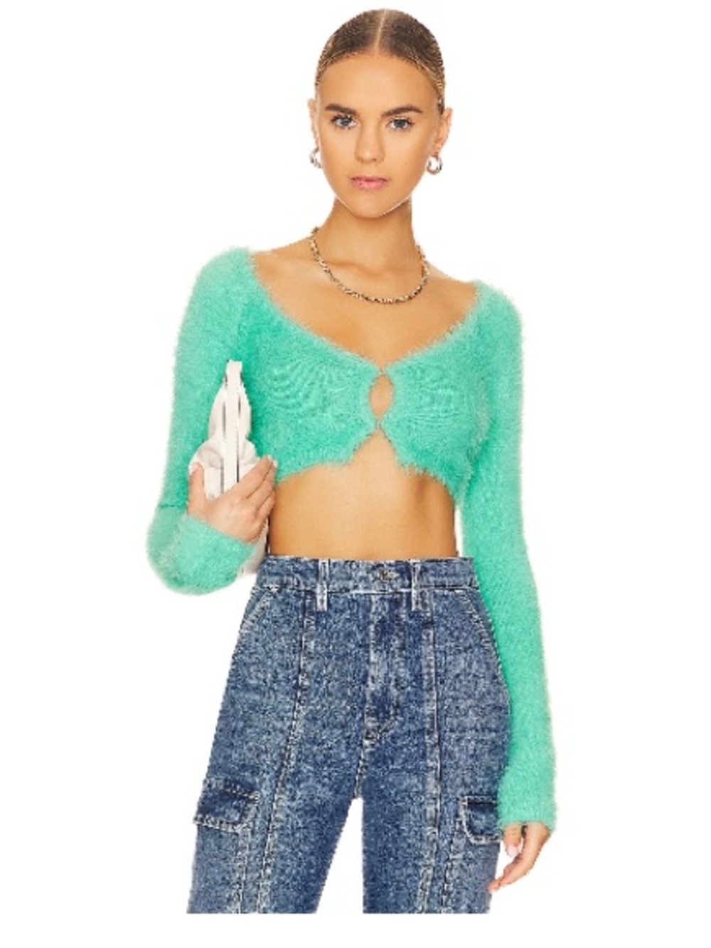 NWT Lovers and Friends -Althea Fuzzy Cropped Cardi in Aqua- small